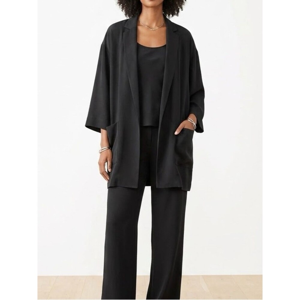 Eileen Fisher Black 100% Silk Crepe Georgette Modern Kimono Blazer Size Medium